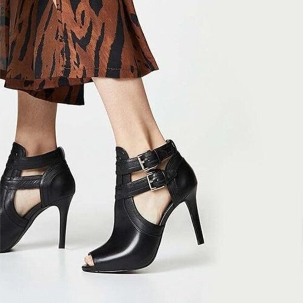 XYD Black Women Peep Toe Ankle Bootie High Heels Buckled Double Straps Cutout